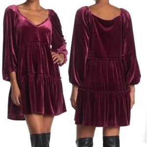 Betsey Johnson Burgundy Tawny Velvet Tiered Knee Length Dress Balloon Sleeve